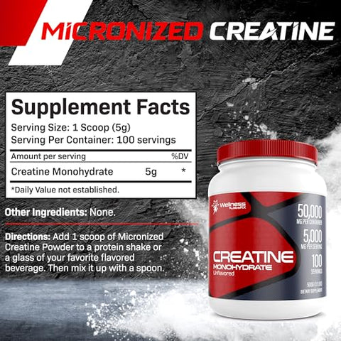 WELLNESS LABSRX - Creatina em Pó Monohidratada – 5000mg, (500g) 100 Porções, Creatina Micronizada para Homens, Suplemento para Crescimento e Recuperação Muscular, Performance Aumentada