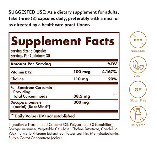 SOLGAR - Solgar Full Spectrum Curcumin Brain Works – Suporte à Memória, Foco e Função Cognitiva – Antioxidante com Curcumina, BacoMind, Colina e Vitamina B12 – 90 Licaps