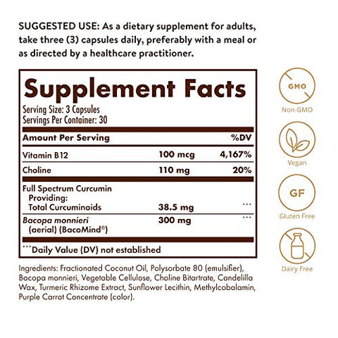 SOLGAR - Solgar Full Spectrum Curcumin Brain Works – Suporte à Memória, Foco e Função Cognitiva – Antioxidante com Curcumina, BacoMind, Colina e Vitamina B12 – 90 Licaps
