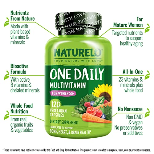One Daily Multivitamínico para Mulheres 50 (Sem Ferro) – Suporte para a Menopausa em Mulheres Acima de 50 – Suplemento Alimentar à Base de Alimentos Integrais – Não-OGM – Sem Soja – 120 Cápsulas – Fornecimento de 4 Meses - NATURELO