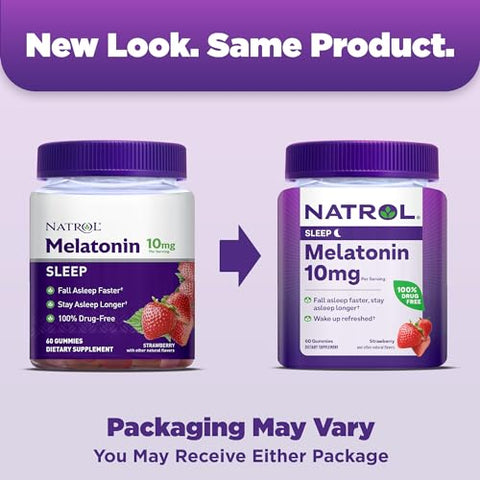 Gomas de Melatonina 10mg, Suporte para Dormir, Suplemento para Dormir, 60 Gomas com Sabor de Morango, 30 Dias de Fornecimento - Natrol