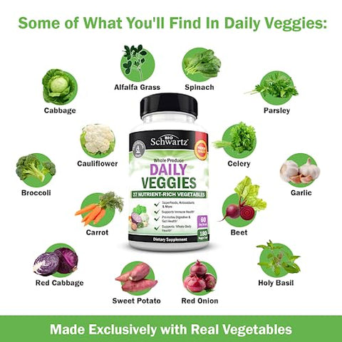 BioSchwartz - Suplemento Diário de Frutas e Vegetais para Mulheres e Homens – 47 Frutas e Vegetais Integrais – Equilíbrio Natural Diversificado de Vitaminas, Minerais e Noni – 180 Cápsulas de Frutas, 180 g