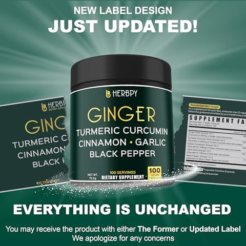 Herbpy - Suplemento de Gengibre 5 em 1 7550mg com Canela do Ceilão, Curcumina de Açafrão-da-terra e Alho Bulbo – Marca em Destaque