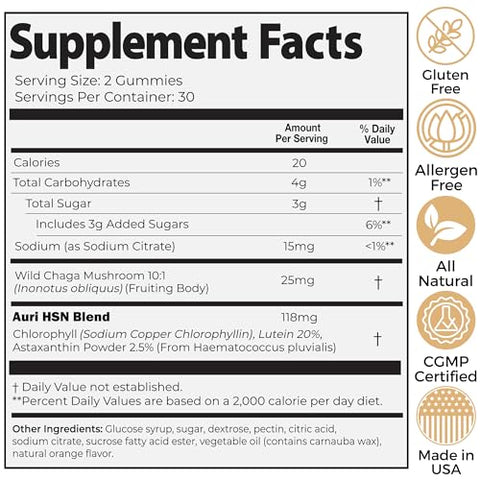 Super Mushroom HSN Gummies – Suplemento Funcional de Cogumelos para Cabelo, Pele e Unhas – com Chaga Selvagem, Clorofila, Luteína e Astaxantina – 60 Gomas de Laranja Cítrica - Auri
