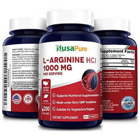 L-Arginina 1000 mg 200 Cápsulas Vegetarianas (Sem OGM, Sem Glúten) - NusaPure