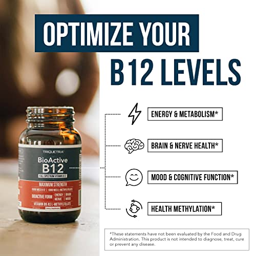 Triquetra Health - BioActive Vitamina B12 – 5000 mcg, Contém 3 Formas Bioativas de B12 Mais Cofator de Metilfolato – Metil B12, Adenosil B12