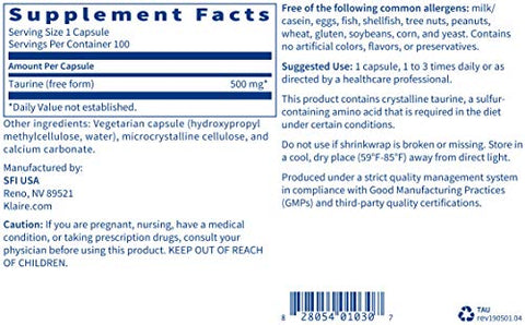 Taurina – 500mg de Taurina Cristalina para Energia – Marca de Produto - Klaire Labs