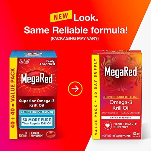 Ômega-3 Óleo de Peixe Suplemento 500mg Cápsulas Softgel Extra Forte (80 Unidades em uma Caixa), Óleo de Krill Sem Sabor de Peixe (Pacote de 2) - MegaRed