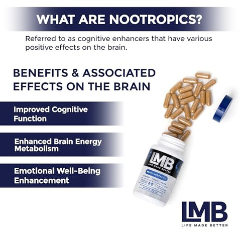 LMB LIFE MADE BETTER - Suplemento de Suporte Cerebral de Nootrópicos de Ação Rápida para Memória – Melhore a Função Cognitiva e a Clareza Mental com Nosso Poderoso Suplemento para Memória Cerebral – Aumenta o Foco Mental