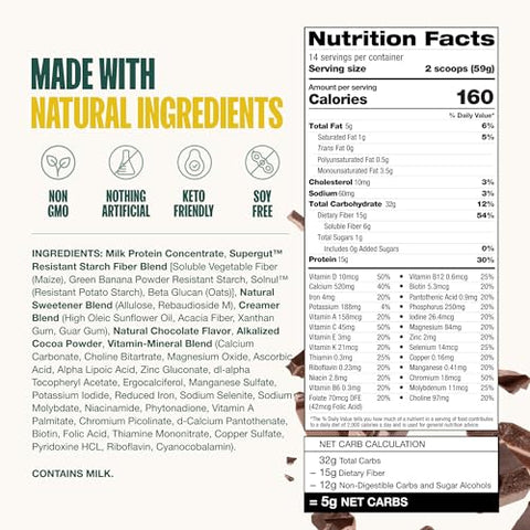 Shakes Prebióticos | Substituto de Refeição | Estimula GLP-1 | Alta Proteína e Fibra | Sem Açúcar | Alimento Keto, Refeição, Lanche (Chocolate, 14 Porções) - Supergut