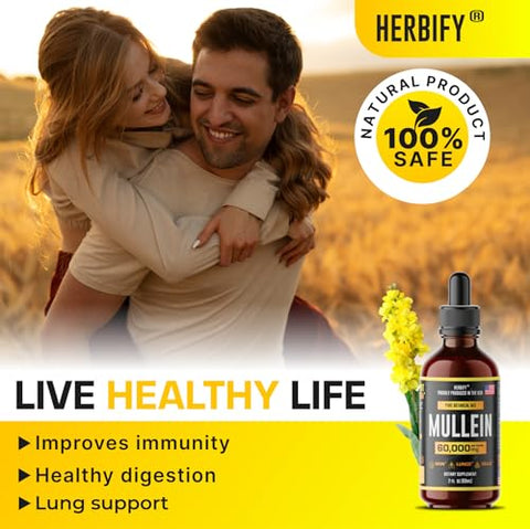 Extrato de Mullein 60 ml, Tintura Livre de Álcool para Saúde Respiratória, Mistura de Folhas e Flores de Mullein Orgânico (Verbascum Densiflorum) - HERBIFY
