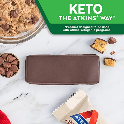 Barra de Proteína de Massa de Biscoito com Gotas de Chocolate, Alto Teor de Fibras, 1g de Açúcar, 3g de Carboidratos Líquidos, Substituto de Refeição, 30 Unidades - Atkins