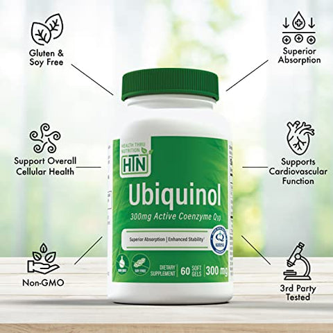 Health Thru Nutrition - Saúde Através da Nutrição Ubiquinol 300mg 60 Softgels com Kaneka QH CoQ-10 Reduzido | Estabilizado – Testado por Terceiros | Bioacessibilidade Aprimorada | Cardiovascular
