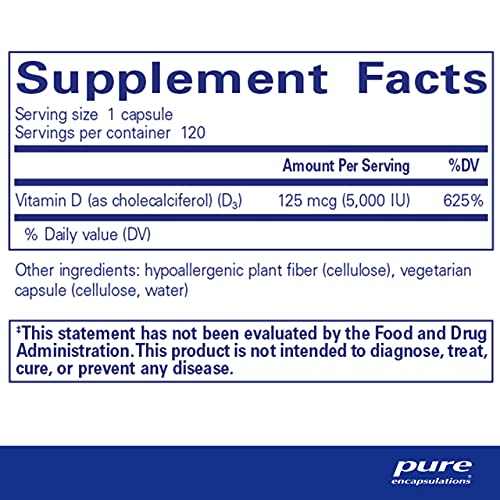 Vitamina D3 125 mcg (5.000 UI) Pure Encapsulations – Suplemento para Saúde Óssea, Articular, Mamária, Cardíaca, Intestinal e Imunológica – 120 Cápsulas