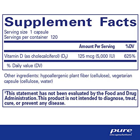 Vitamina D3 125 mcg (5.000 UI) Pure Encapsulations – Suplemento para Saúde Óssea, Articular, Mamária, Cardíaca, Intestinal e Imunológica – 120 Cápsulas