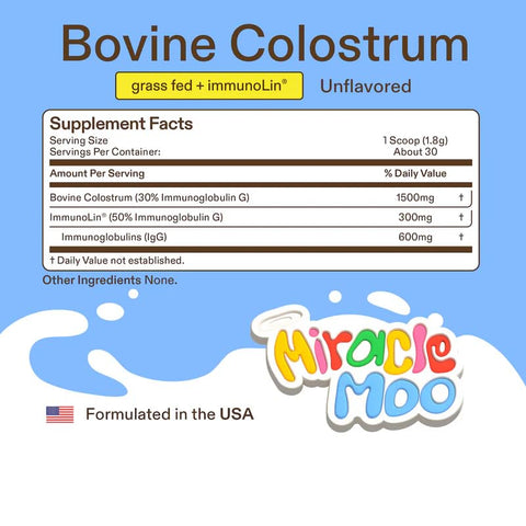Miracle Moo - Suplemento de Colostro para Saúde Intestinal, Crescimento Capilar, Beleza e Suporte Imunológico – Pó Bovino de Pasto Fácil de Misturar – Maior IgG Plus ImmunoLin, Sem Sabor (30 Porções)