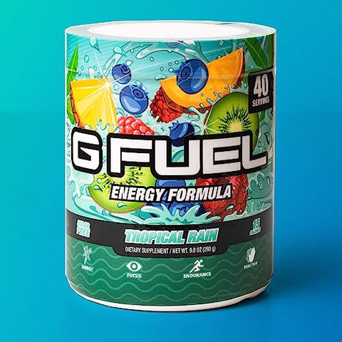 Gamma Labs G Fuel Tropical Rain – Pó Energético, Sem Açúcar, Cafeína Limpa, Suplemento para Foco, Mistura para Água, Sabor Frutas Tropicais, Aminoácidos para Foco, Vitaminas Antioxidantes, 280g