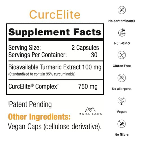 BrocElite - Mara Labs CurcElite Curcumina | Extrato de Cúrcuma 95%% Curcuminoides | Vegano, Sem Preenchedores e Não-OGM | 30 Porções