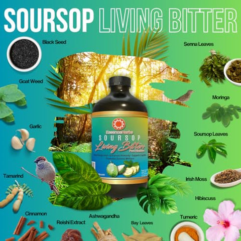 Essence Herbs - Soursop Bitters Líquido com Folhas de Graviola, Moringa, Semente Preta e Neem – 100ml