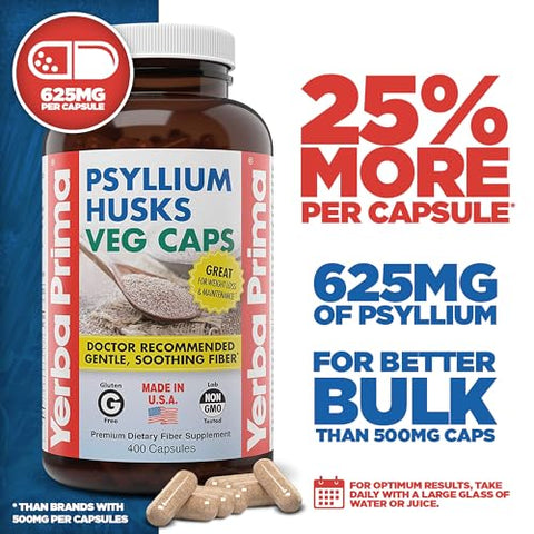 Psyllium Husks Veg Caps – 400 Cápsulas (625mg) (Pacote com 2) – Vegano, Não-OGM, Livre de Glúten – Limpeza do Cólon, Suplemento Diário de Fibras para Saúde Intestinal - Yerba Prima