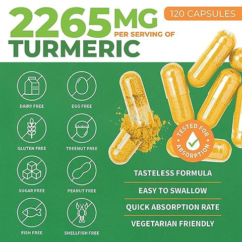 ForestLeaf - Suplemento Orgânico de Cúrcuma Extra Forte 2265mg – com BioPerine e Gengibre para Alta Absorção – Cúrcuma Curcumina com Extrato de Pimenta Preta, 95%% Curcuminoides, Herbal para Articulações