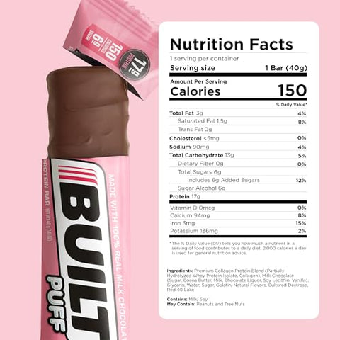 Built Bar - BUILT Barras de Proteína, Chocolate ao Leite Morango Puff, 12 barras, Snacks Proteicos, 17g de Proteína, Colágeno, Barra de Proteína de Chocolate com apenas 150 calorias