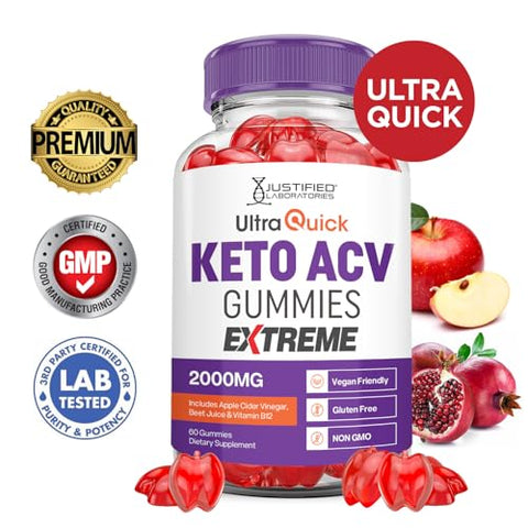 Justified Laboratories - Ultra Quick Keto ACV Gummies Extreme 2000MG – Gomas Ultraquick Keto de Vinagre de Maçã Formuladas com Pó de Romã e Beterraba, Vitamina B12, Veganas, Não Transgênicas – 60 Gomas