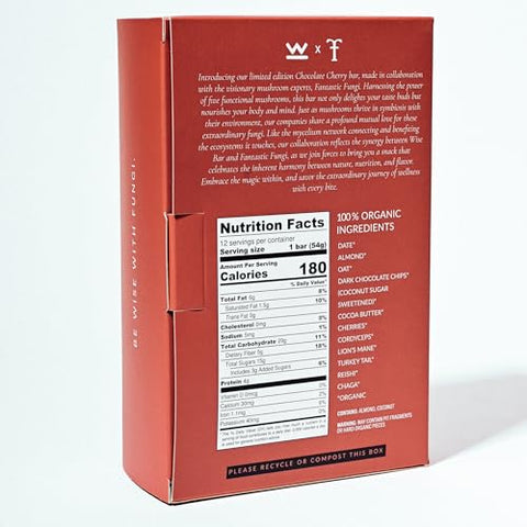 WISE BAR - Barras Nutricionais Wise Bar Adaptogen | Sabor Chocolate Cereja | 12 Unidades | Dose Diária Completa de 3.000mg de Cogumelos Funcionais e Adaptógenos por Barra | Orgânico, Vegano, Sem Glúten | 36g por Barra