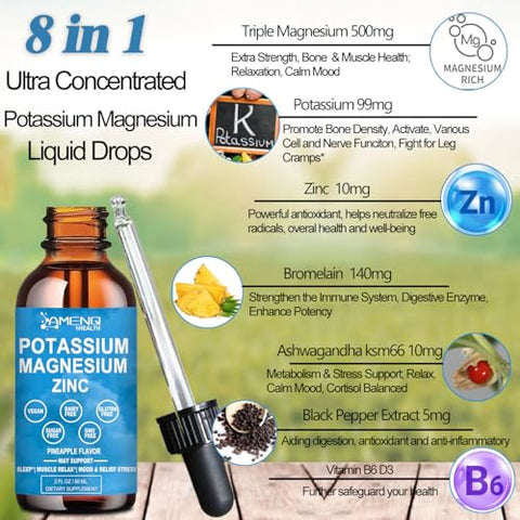 AMENQ hHEALTH - Potássio Magnésio Líquido Drops Aspartato de Magnésio Potássio com Bromelina, Vitamina B6 D3, Ashwagandha, Zinco Orgânico – Cãibras Musculares, Vascular