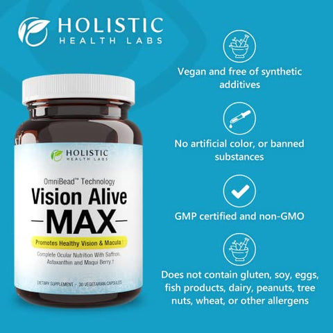 Holistic Health Labs - Visão Viva Max com 8 Ingredientes Naturais Lutemax® 2020, Mirtilos, Mirtilos Azuis, c3g de Groselha Negra, Maqui Berry, Açafrão e Astaxantina (30 Unidades)