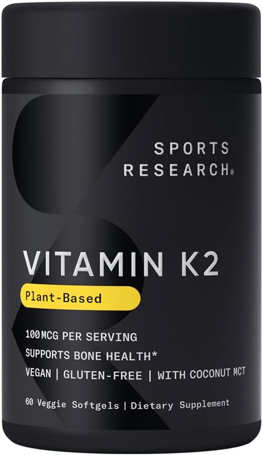 Sports Research - Vitamina K2 como MK-7 100mcg com Óleo de Coco MCT – 60 Cápsulas Vegetais (2 Meses de Suprimento) Vegano Certificado, Não-OGM Verificado, Sem Glúten