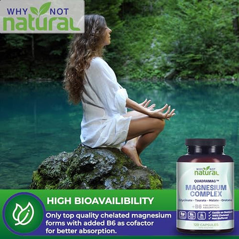 Why Not Natural - Complexo de Magnésio 4 em 1 – Cápsulas de Mistura de Glicinato, Taurato, Malato e Orotato – 300 mg por Porção, 120 Cápsulas