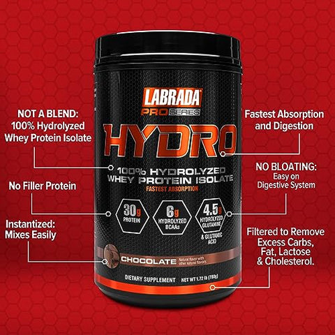 Hydro 100% Pó Isolado de Proteína Whey Hidrolisada, Sem Lactose, Digestão Rápida, Mistura Instantânea, Sabor Delicioso 20 Porções (Chocolate) - Labrada