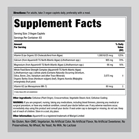 Suplemento para Fortalecimento Ósseo com Cálcio, Magnésio, Vitamina D3, K2 e Zinco | 250 Cápsulas | Vegano, Não-OGM, Sem Glúten - Piping Rock
