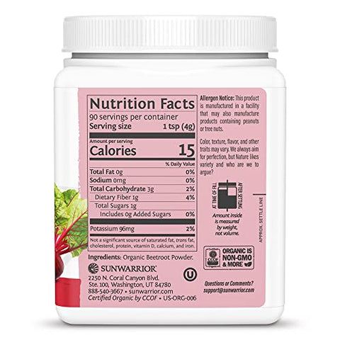 Beet Root Powder – Aumente a Resistência, Circulação Sanguínea e Fluxo de Óxido Nítrico – Superfood Vegano Keto Natural para Smoothies, Pudim de Açaí e Assados – 360g em pote quadrado (90g) - Sunwarrior