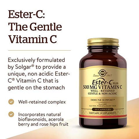 SOLGAR - Solgar Ester-C Plus 500 mg Vitamina C com Bioflavonoides Cítricos – 90 Cápsulas – Suave