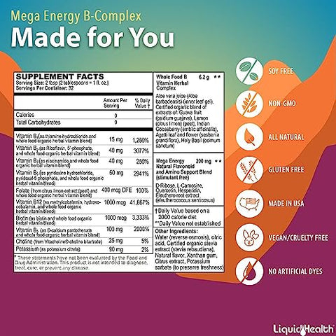 Mega Energy B-Complex Líquido – Aumente a Energia, Alivie o Estresse – Vitaminas Líquidas para Adultos - LIQUIDHEALTH
