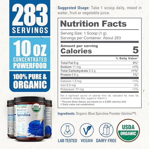 biophix - Biophix Blue Spirulina em Pó Orgânico 283 Porções – Suplemento Superfood – Pigmento Azul Natural – Espirulina em Pó Orgânica 10g