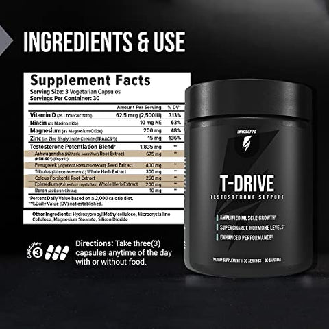 T-Drive: Impulsionador de Testosterona para Aumentar o Crescimento Muscular | KSM-66 Ashwagandha, Boro, Feno Grego | 90 Cápsulas - InnoSupps