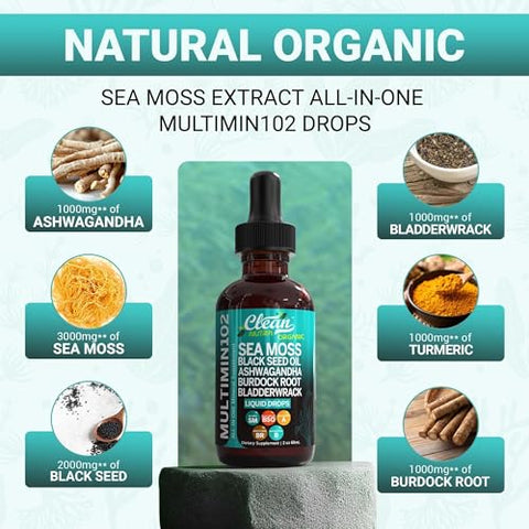 Suplemento Líquido de Musgo do Mar com Óleo de Semente Preta, Ashwagandha e Raiz de Bardana – 30ml - Clean Nutraceuticals