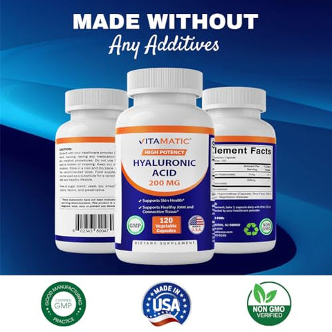 Ácido Hialurônico 200mg – Suporte para Tecido Conjuntivo e Articulações Saudáveis – Promove uma Pele Jovem e Saudável – 120 Cápsulas - Vitamatic