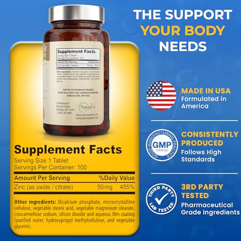 Nature's Potent - Zinco 50mg [Alta Potência] – Sistema de Suporte Imunológico com Zinco Natural (Óxido/Citrato) 100 Comprimidos, Nature’s Potent