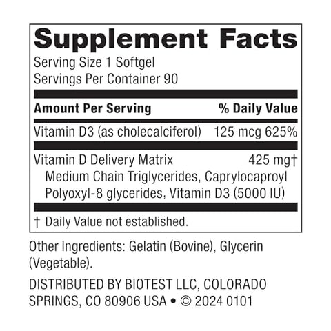 D Fix – Vitamina D3 5000 UI de Alta Absorção – 90 Softgels – 90 Dias de Fornecimento - Biotest