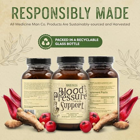 Suporte para Pressão Arterial 120 Cápsulas – Herbal Natural com Espinheiro, Hibisco Rosela e Gengibre – Orgânico e Herbal - Medicine Man Plant Co