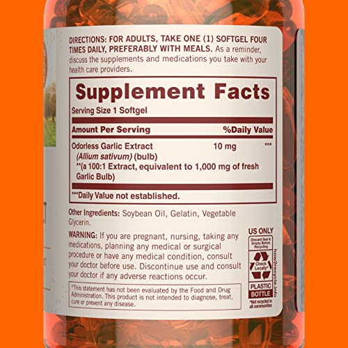 Suplemento de Alho Inodoro, 10 mg, Equivalente a 1000mg de Bulbo de Alho, 250 Softgels (Embalagem Pode Variar) - Sundown
