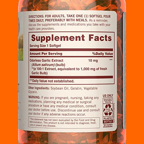 Suplemento de Alho Inodoro, 10 mg, Equivalente a 1000mg de Bulbo de Alho, 250 Softgels (Embalagem Pode Variar) - Sundown