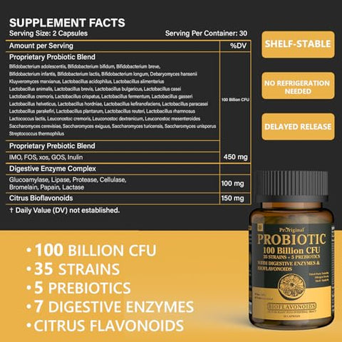 Proriginal - Probióticos com Prebióticos para Homens e Mulheres – 35 Cepas de Probióticos Orgânicos 100 Bilhões UFC para o Intestino
