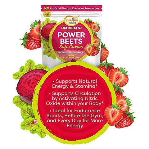 Naturals Power Beets Soft Chews – Morango Delicioso, Suplemento Concentrado Superfood, Suporte à Circulação, Energia Natural - Healthy Delights