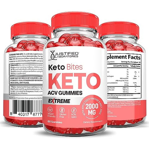 Justified Laboratories - Keto Bites Gomas Keto ACV Fórmula Extrema 2000MG Vegan Non GMO com Suco de Romã Beterraba B12 60 Gomas