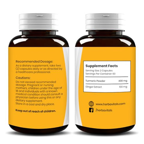 HerbaVitals - Cápsulas de Cúrcuma e Gengibre | Cúrcuma Curcumina com Gengibre (120 cápsulas) 500mg | Melhor Suplemento de Cúrcuma com Gengibre | Testado por Laboratório Independente